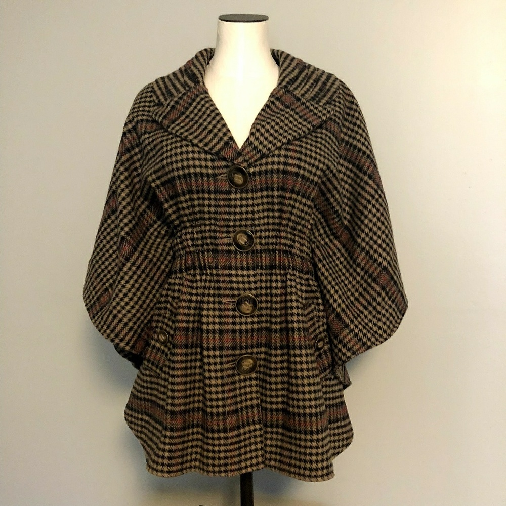 Plaid Tapered Button Up Poncho Cape Cloak Jacket